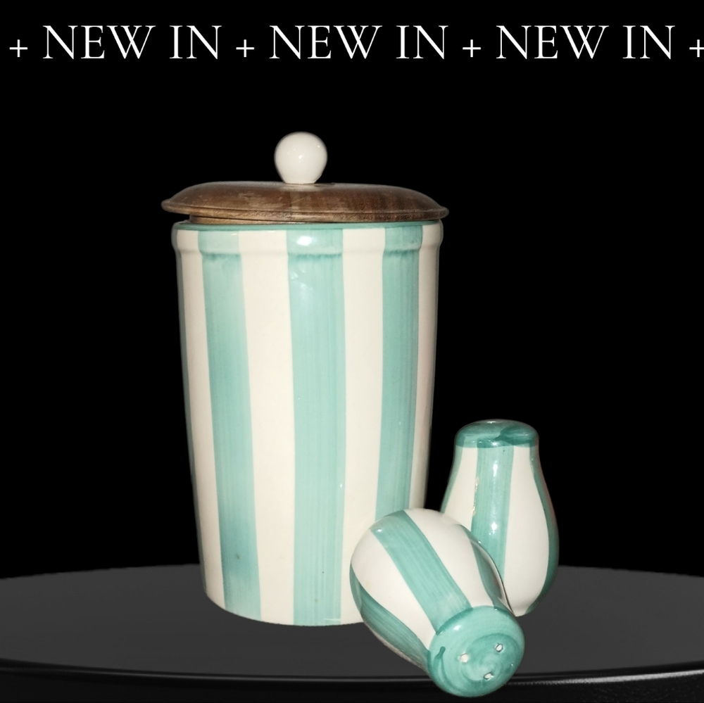 Teal Blue & White Striped Kitchenware Salt and Pepper Shakers
